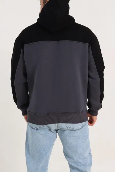 Antrasit Oversize Parçalı Üç İp Şardonlu Kapüşonlu Erkek Sweatshirt 306475