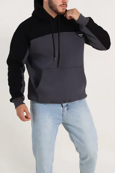 Antrasit Oversize Parçalı Üç İp Şardonlu Kapüşonlu Erkek Sweatshirt 306475