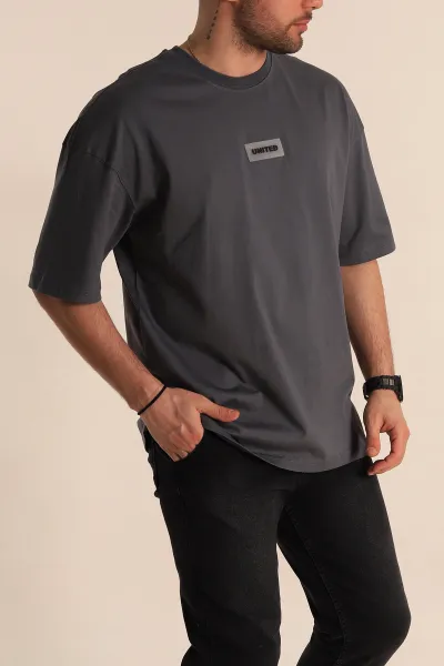 Antrasit Oversize Suprem Kumaş Plastik Baskı Detaylı Erkek Tişört 267358