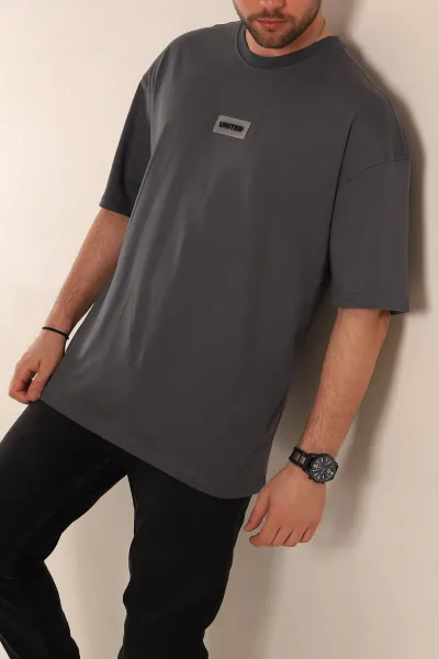 Antrasit Oversize Suprem Kumaş Plastik Baskı Detaylı Erkek Tişört 267358
