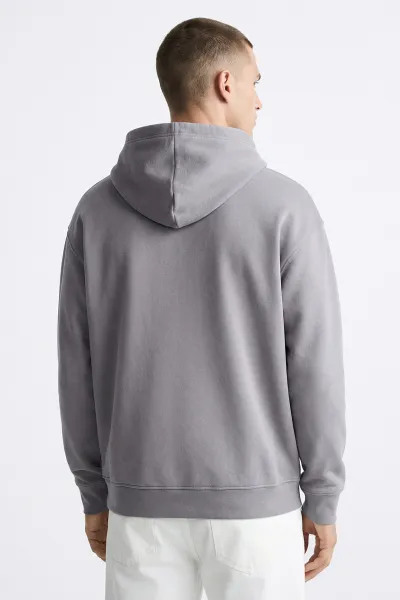 Antrasit Oversize Üç İp Şardonlu Erkek Basic Kapüşonlu Sweatshirt 398908