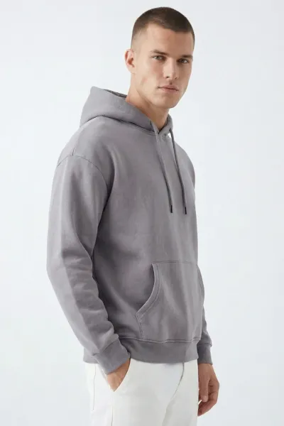 Antrasit Oversize Üç İp Şardonlu Erkek Basic Kapüşonlu Sweatshirt 398908