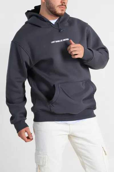 Antrasit Oversize Üç İp Şardonlu Kapüşonlu Erkek Sweatshirt 309120