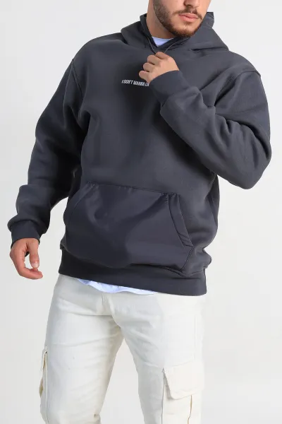 Antrasit Oversize Üç İp Şardonlu Kapüşonlu Erkek Sweatshirt 309120
