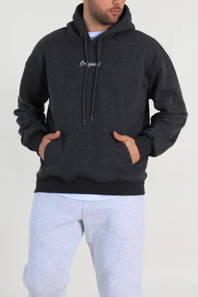 Antrasit Oversize Üç İp Şardonlu Yazı Detaylı Kapüşonlu Erkek Sweatshirt 310965