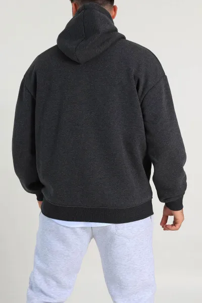 Antrasit Oversize Üç İp Şardonlu Yazı Detaylı Kapüşonlu Erkek Sweatshirt 310965