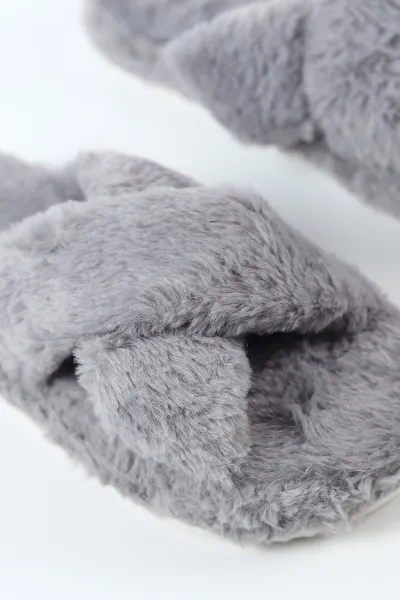 Antrasit Peluş Çapraz Bant Detaylı Kadın Ev Terliği 488368