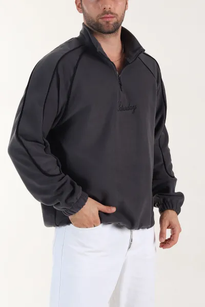 antrasit-polar-kumas-yarim-fermuarli-yazi-detayli-erkek-sweatshirt-408548