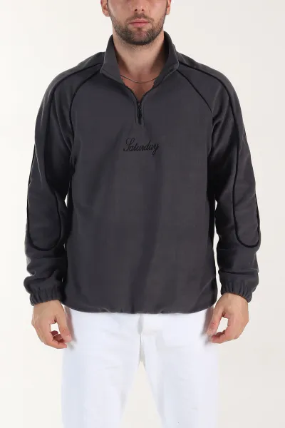 Antrasit Polar Kumaş Yarım Fermuarlı Yazı Detaylı Erkek Sweatshirt 408548