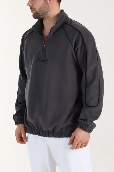 Antrasit Polar Kumaş Yarım Fermuarlı Yazı Detaylı Erkek Sweatshirt 408548