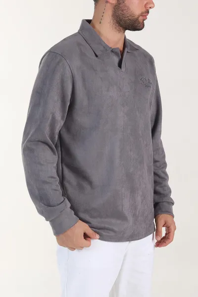 Antrasit Polo Yaka Düğmeli Nakış Detaylı Erkek Sweatshirt 404863