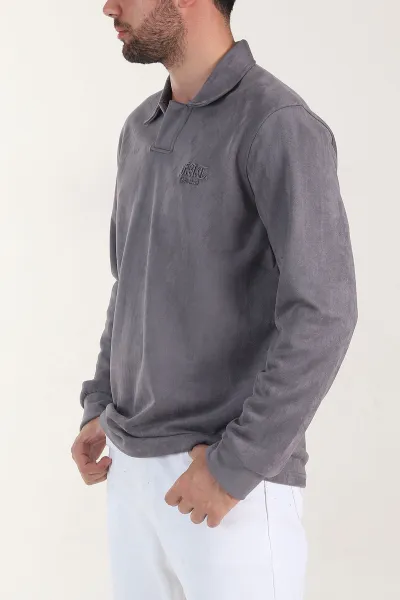 Antrasit Polo Yaka Düğmeli Nakış Detaylı Erkek Sweatshirt 404863