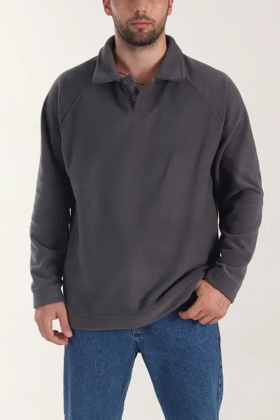 Antrasit Polo Yaka Düğmeli Uzun Kollu Polar Kumaş Erkek Sweatshirt 404280