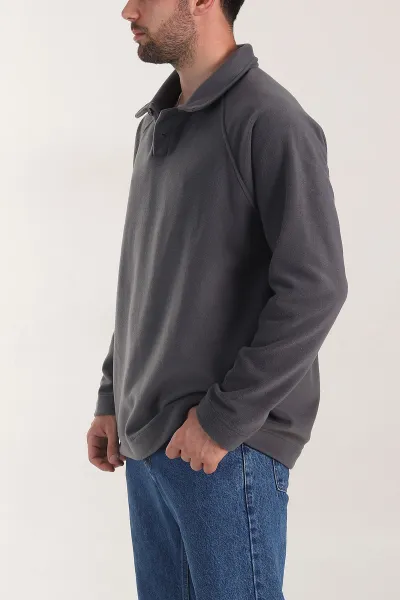 Antrasit Polo Yaka Düğmeli Uzun Kollu Polar Kumaş Erkek Sweatshirt 404280
