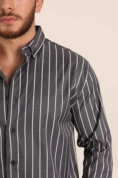 Antrasit Regular Fit Çizgili Ata Yaka Uzun Kollu Erkek Gömlek 369995