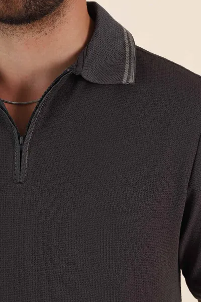 Antrasit Regular Fit Likralı Çizgili Polo Yaka Erkek Tişört 368731