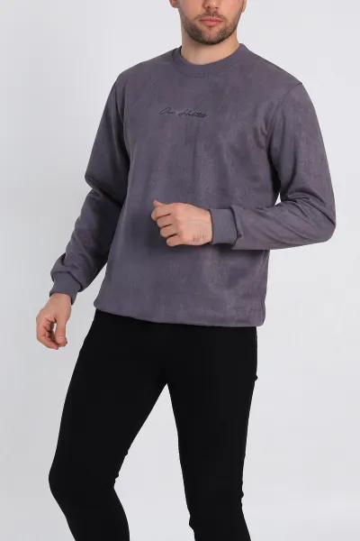 Antrasit Regular Fit Süet Kabartma Yazı Detaylı Erkek Sweatshirt 305858