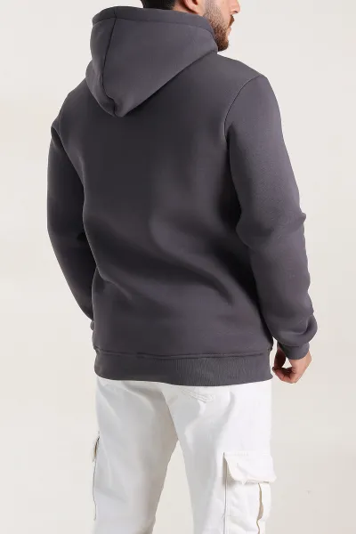 Koyu Antrasit Oversize Üç İp Şardonlu Erkek Basic Kapüşonlu Sweatshirt 400531