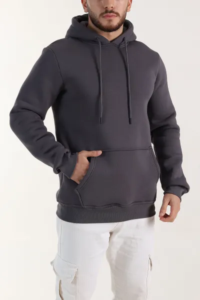 Koyu Antrasit Oversize Üç İp Şardonlu Erkek Basic Kapüşonlu Sweatshirt 400531