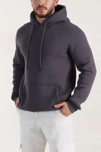 Koyu Antrasit Oversize Üç İp Şardonlu Erkek Basic Kapüşonlu Sweatshirt 400531