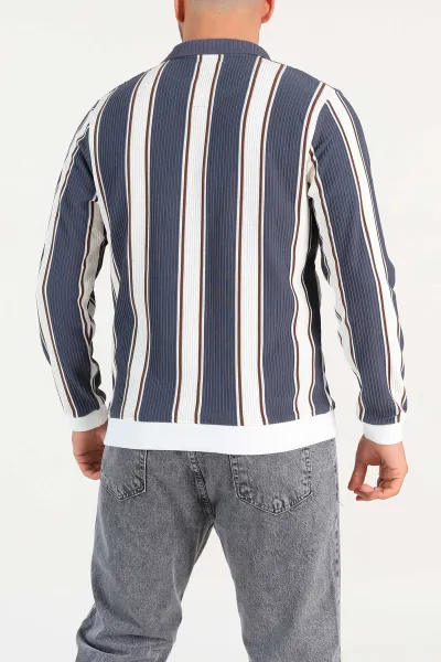 Antrasit Relaxed Fit Çizgili Polo Yaka Uzun Kollu Erkek Sweatshirt 300888