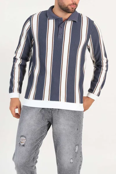Antrasit Relaxed Fit Çizgili Polo Yaka Uzun Kollu Erkek Sweatshirt 300888