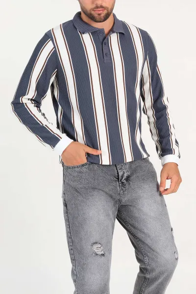 Antrasit Relaxed Fit Çizgili Polo Yaka Uzun Kollu Erkek Sweatshirt 300888