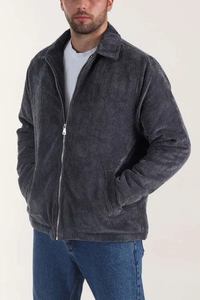 Antrasit Relaxed Fit Fitilli Doku Erkek Kadife Mont 400392