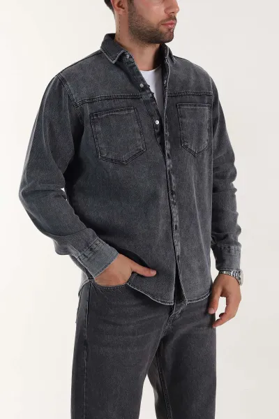 Antrasit Relaxed Fit Gabardin Çift Cepli Yıkamalı  Erkek Gömlek 397971