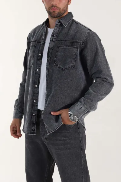 Antrasit Relaxed Fit Gabardin Çift Cepli Yıkamalı  Erkek Gömlek 397971