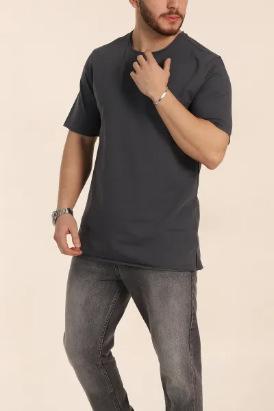 Antrasit Relaxed Fit İki İp Yırtık Yaka Detaylı Basic Erkek Tişört 347588