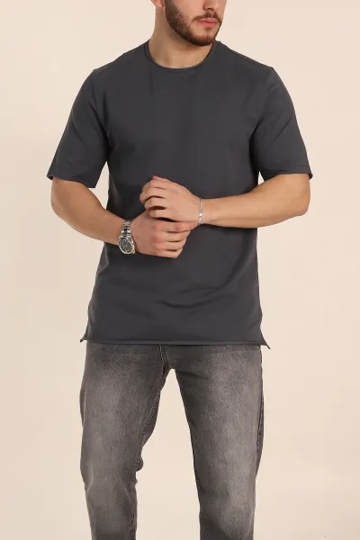 Antrasit Relaxed Fit İki İp Yırtık Yaka Detaylı Basic Erkek Tişört 347588