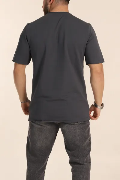 Antrasit Relaxed Fit İki İp Yırtık Yaka Detaylı Basic Erkek Tişört 347588
