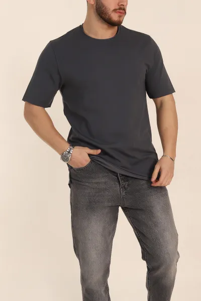 Antrasit Relaxed Fit İki İp Yırtık Yaka Detaylı Basic Erkek Tişört 347588