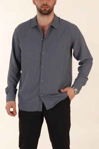 Antrasit Relaxed Fit Pliseli Uzun Kollu Erkek Gömlek 369583