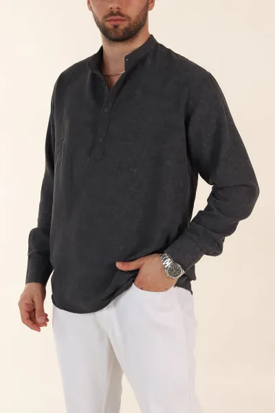 antrasit-relaxed-fit-yarim-dugmeli-hakim-yaka-uzun-kollu-erkek-gomlek-369363