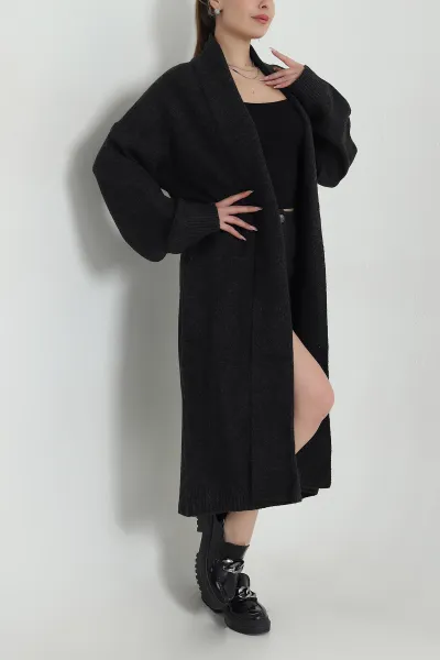 Antrasit Şal Yaka Kadın Uzun Triko Hırka 490486