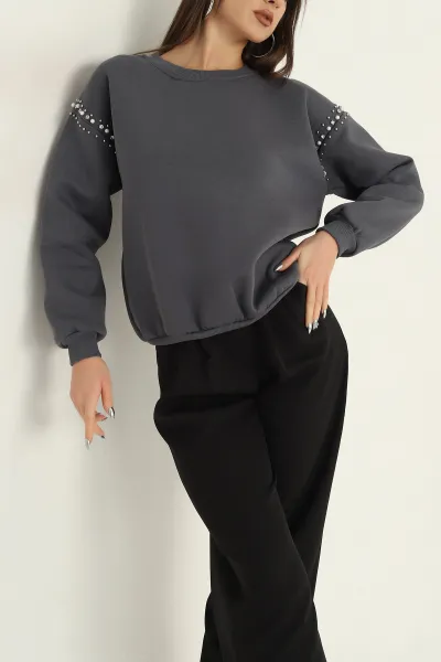 Antrasit Şardonlu Taşlı İki İp Bayan Sweat 321534