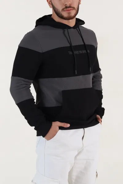 Antrasit Siyah Cep Detaylı Yazılı Kapüşonlu Erkek Sweatshirt 396160