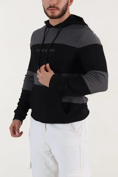 Antrasit Siyah Cep Detaylı Yazılı Kapüşonlu Erkek Sweatshirt 396160