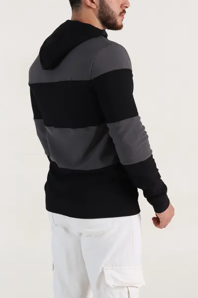 Antrasit Siyah Cep Detaylı Yazılı Kapüşonlu Erkek Sweatshirt 396160