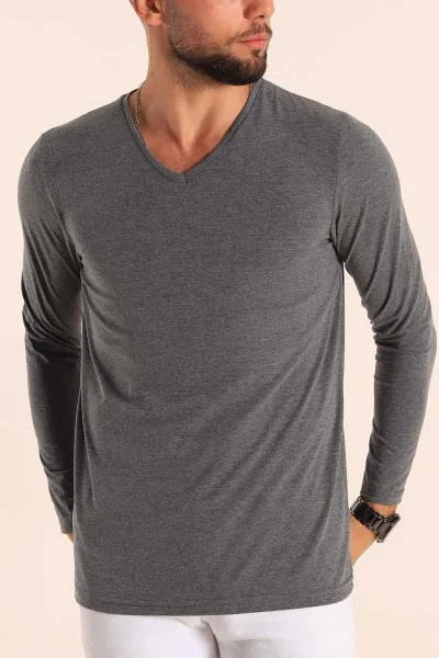 Antrasit Slim Fit V Yaka Likralı Basic Erkek Sweatshirt 234989