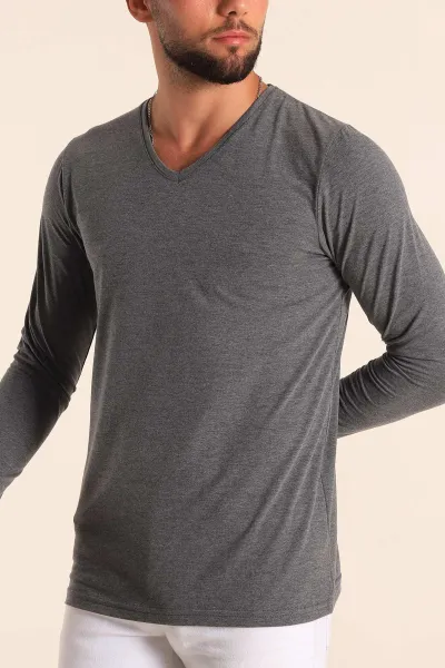 Antrasit Slim Fit V Yaka Likralı Basic Erkek Sweatshirt 234989