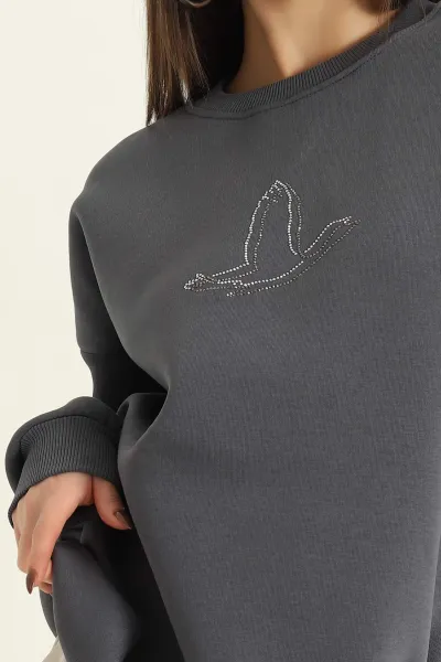 Antrasit Taş İşlemeli Şardonlu Üç İp Sweat 328993