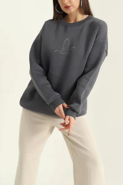 Antrasit Taş İşlemeli Şardonlu Üç İp Sweat 328993