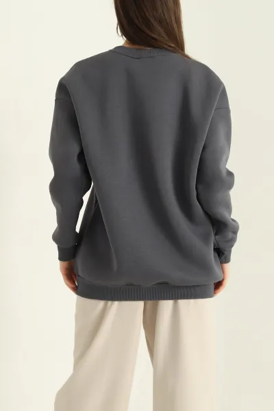 Antrasit Taş İşlemeli Şardonlu Üç İp Sweat 328993