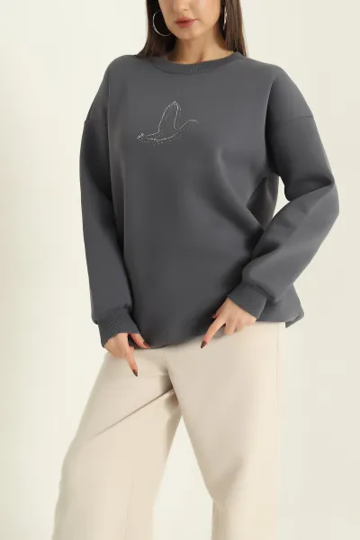 Antrasit Taş İşlemeli Şardonlu Üç İp Sweat 328993