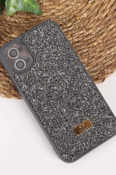 Antrasit TeknoCase İPhone 11 Uyumlu Ella Diamond Case Serisi Lens Hediyeli Sert Silikon Telefon Kılıfı 457725