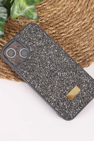 Antrasit TeknoCase İPhone 13 Uyumlu Ella Diamond Case Serisi Lens Hediyeli Sert Silikon Telefon Kılıfı 457729