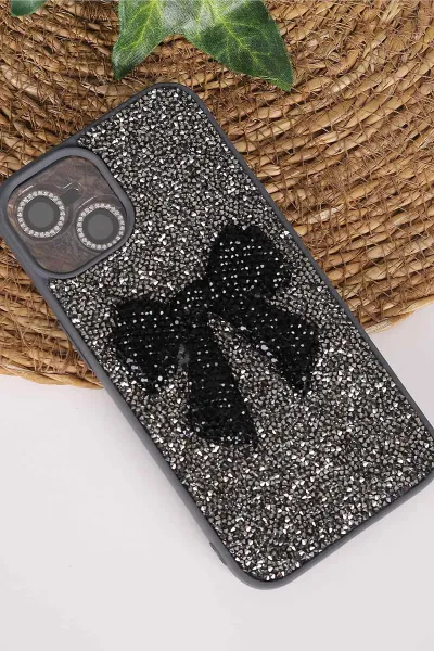 Antrasit TeknoCase İPhone 13 Uyumlu Nelly Diamond Serisi Taşlı Lens Hediyeli Sert Silikon Telefon Kılıfı 480923